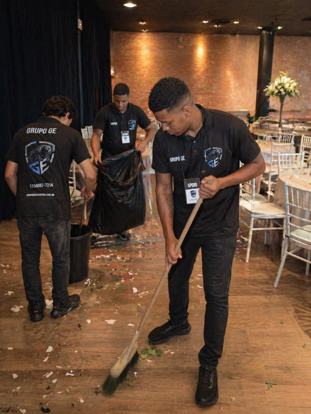 Equipe Grupo GE trabalhando com limpeza em evento
